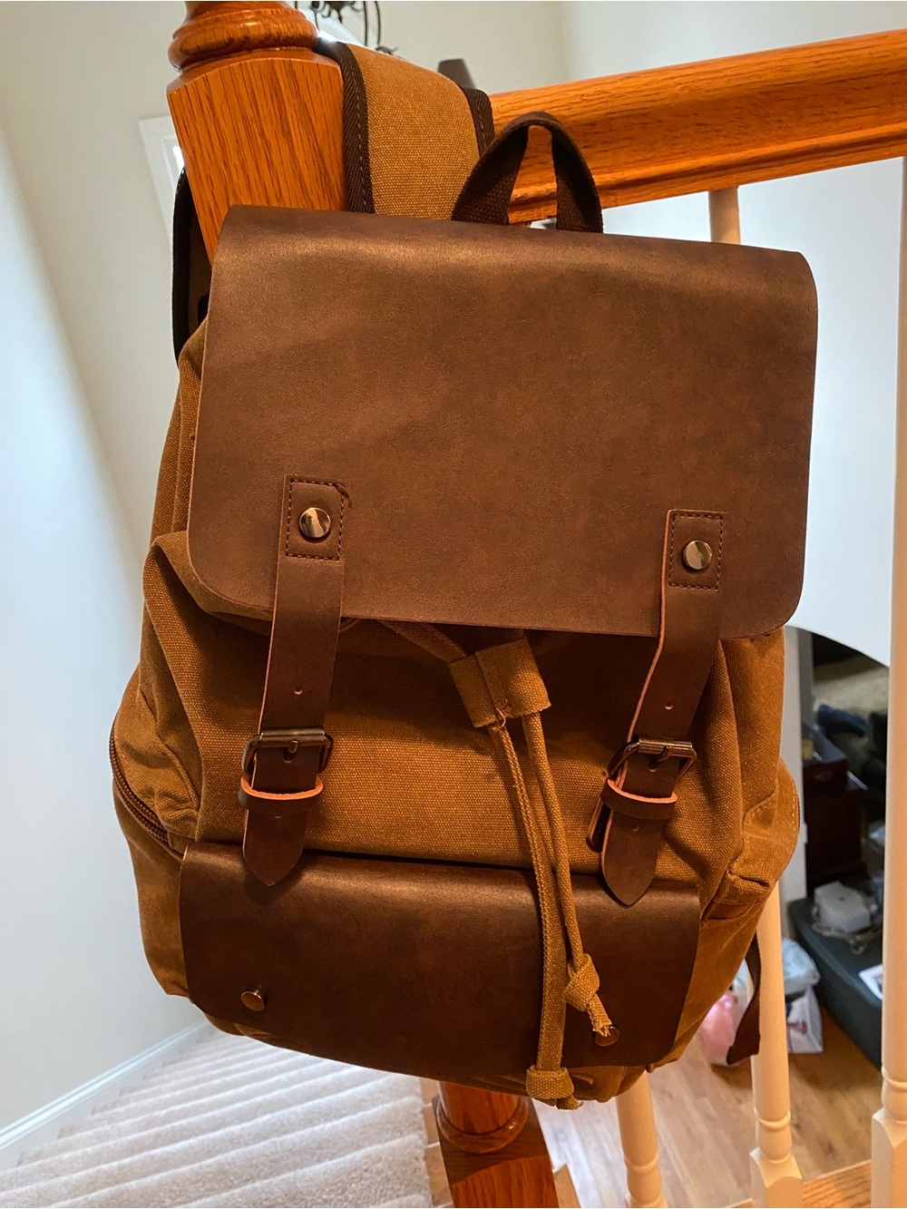 Brown Canvas & Leather Men’s Backpack with Flap